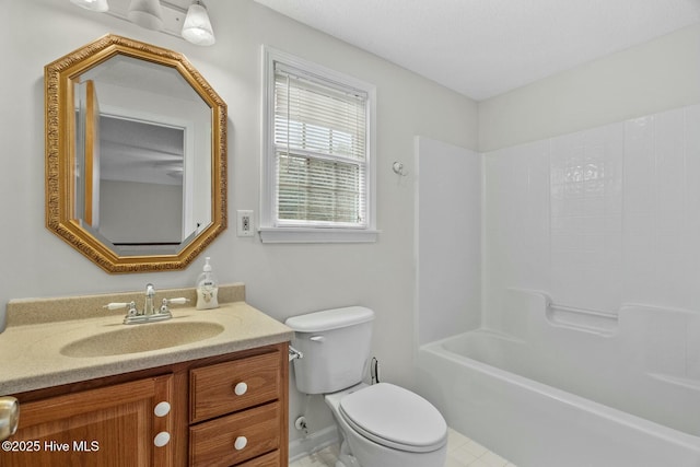 full bathroom featuring shower / bath combination, vanity, and toilet