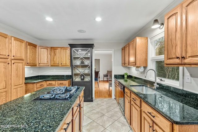 kitchen with sink, crown molding, light tile patterned floors, dishwashing machine, and black gas cooktop