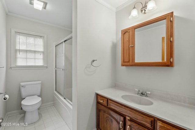 full bathroom with enclosed tub / shower combo, ornamental molding, vanity, toilet, and tile patterned floors