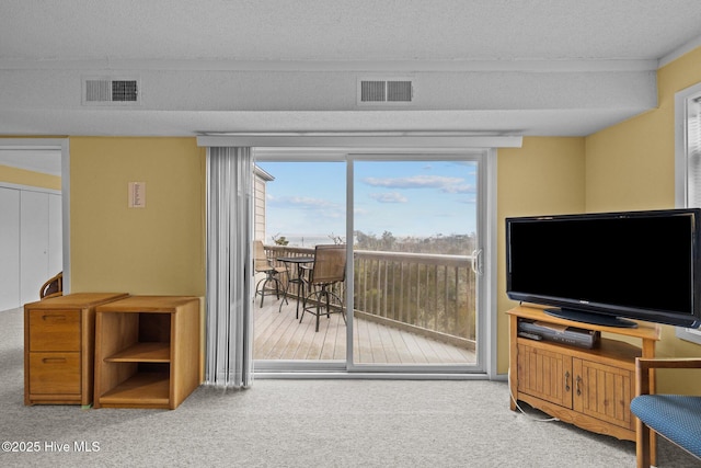 living room featuring carpet and a textured ceiling