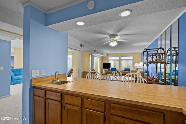 kitchen featuring sink, ceiling fan, butcher block counters, carpet, and a textured ceiling