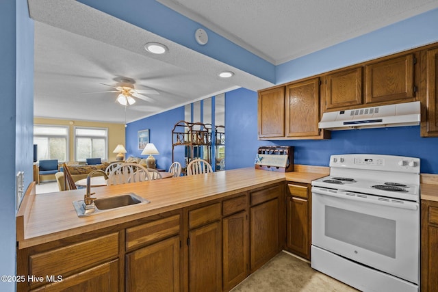 kitchen with electric stove, kitchen peninsula, and sink