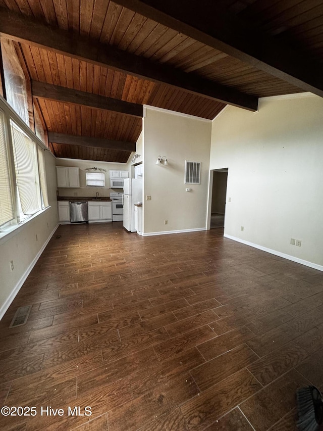 unfurnished living room featuring sink, dark hardwood / wood-style floors, vaulted ceiling with beams, and wooden ceiling