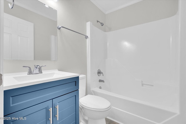 full bathroom with toilet, vanity, ornamental molding, and bathing tub / shower combination