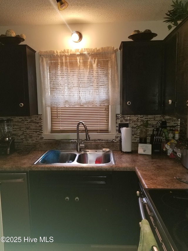 kitchen with sink, a textured ceiling, black dishwasher, electric stove, and decorative backsplash