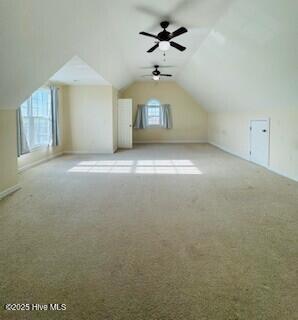 additional living space with light colored carpet and vaulted ceiling