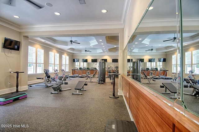 workout area with a healthy amount of sunlight, ornamental molding, and recessed lighting