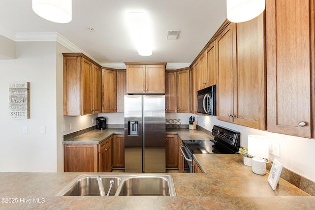 kitchen featuring stainless steel fridge with ice dispenser, electric range oven, ornamental molding, and sink