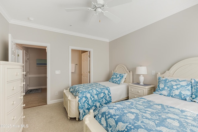 bedroom featuring light carpet, a spacious closet, ornamental molding, and ceiling fan