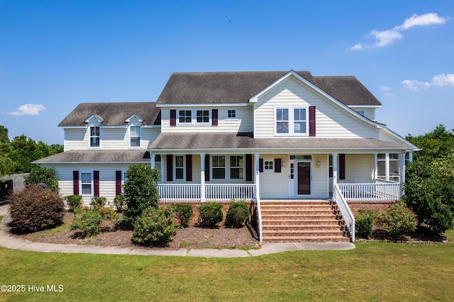 view of front of property featuring a porch and a front lawn