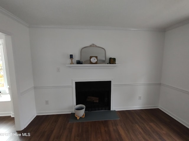 unfurnished living room featuring crown molding and dark hardwood / wood-style floors