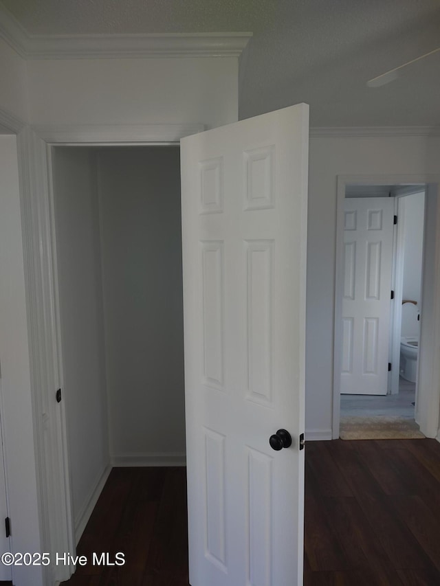 corridor with ornamental molding and dark hardwood / wood-style floors