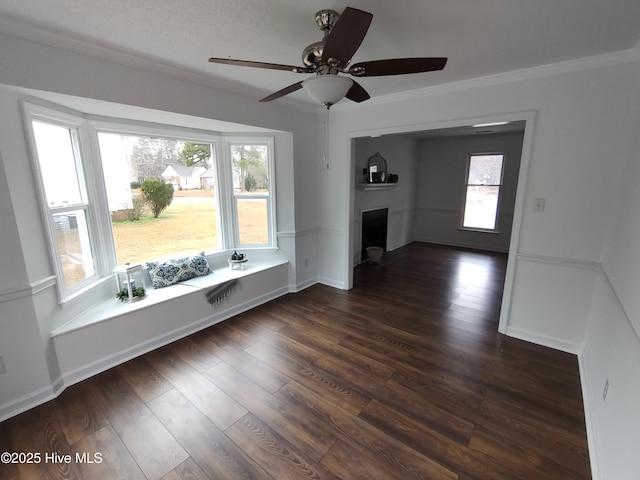 interior space featuring a fireplace, crown molding, and dark wood-type flooring