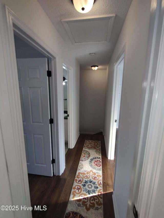 corridor with dark hardwood / wood-style flooring and a textured ceiling