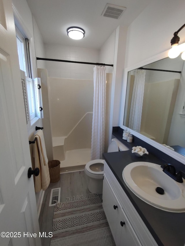 bathroom with vanity, toilet, and a shower with shower curtain