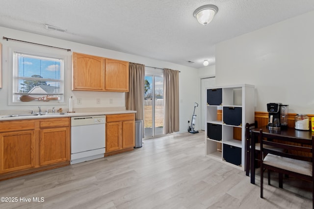 kitchen with sink, a textured ceiling, white dishwasher, and light hardwood / wood-style flooring