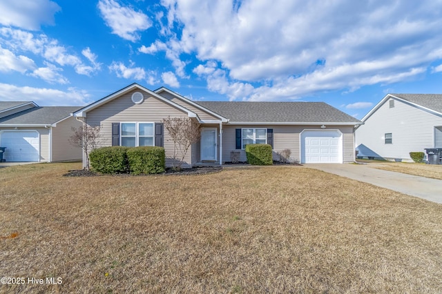 single story home featuring a garage and a front yard