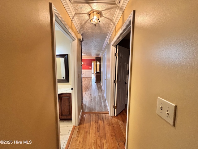 corridor featuring ornamental molding, light hardwood / wood-style flooring, and a textured ceiling