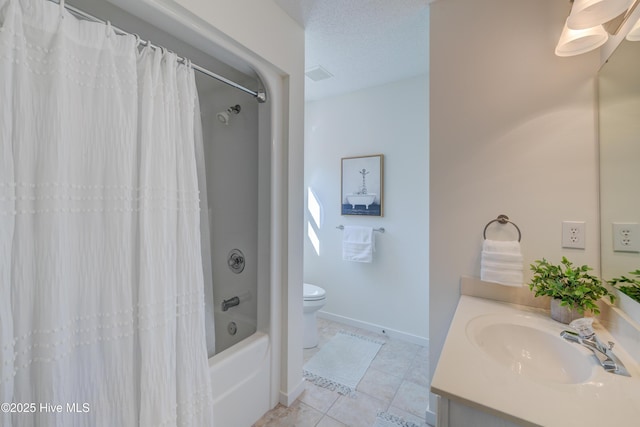 full bathroom with shower / tub combo with curtain, tile patterned flooring, vanity, a textured ceiling, and toilet