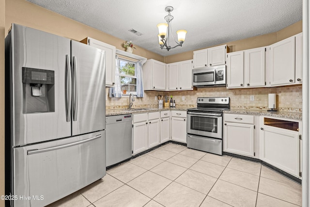 kitchen with appliances with stainless steel finishes, decorative light fixtures, sink, and white cabinets