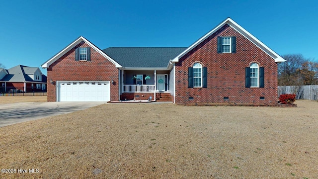 front facade with a garage, a front lawn, and a porch