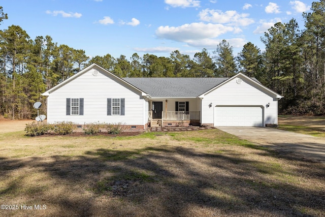 single story home featuring a porch, a garage, and a front lawn