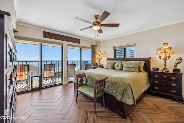 bedroom with crown molding, a water view, access to outside, and dark parquet floors