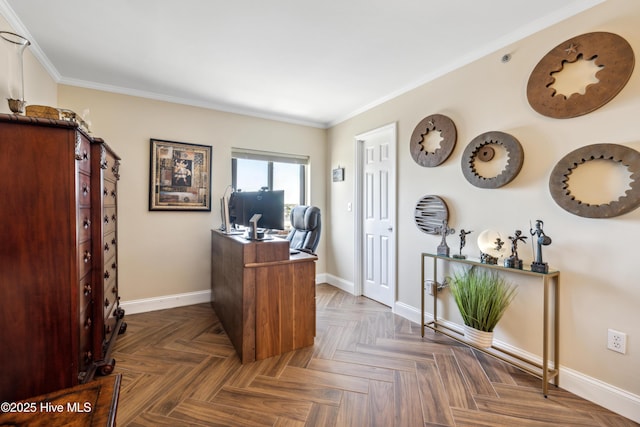 home office with crown molding and dark parquet flooring