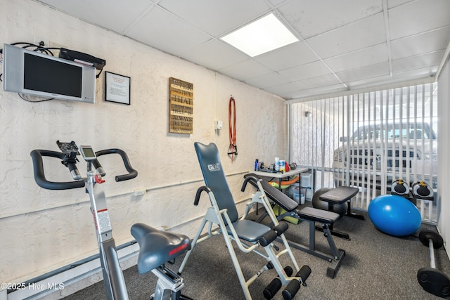 workout area with a paneled ceiling and floor to ceiling windows