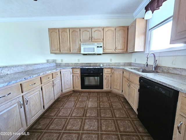 kitchen featuring light stone countertops, sink, light brown cabinets, and black appliances