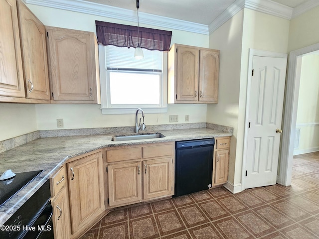 kitchen featuring crown molding, sink, light brown cabinets, and black appliances