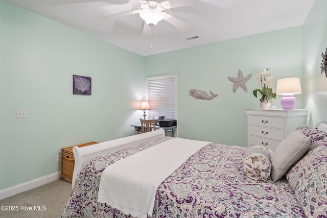 bedroom with ceiling fan and light colored carpet