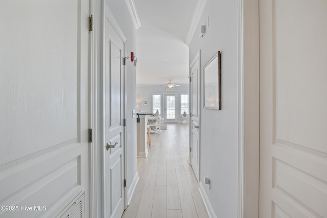 hallway with crown molding and light hardwood / wood-style floors