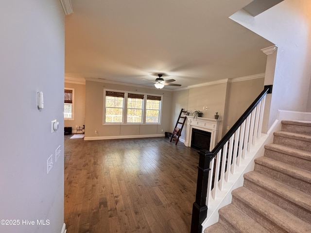 unfurnished living room featuring baseboards, stairway, ornamental molding, dark wood-style flooring, and a fireplace