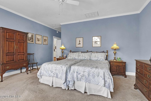 carpeted bedroom with ornamental molding and ceiling fan