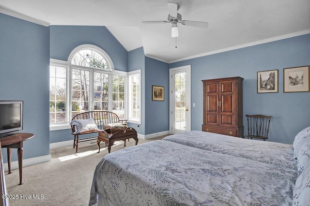 carpeted bedroom with crown molding, lofted ceiling, and multiple windows