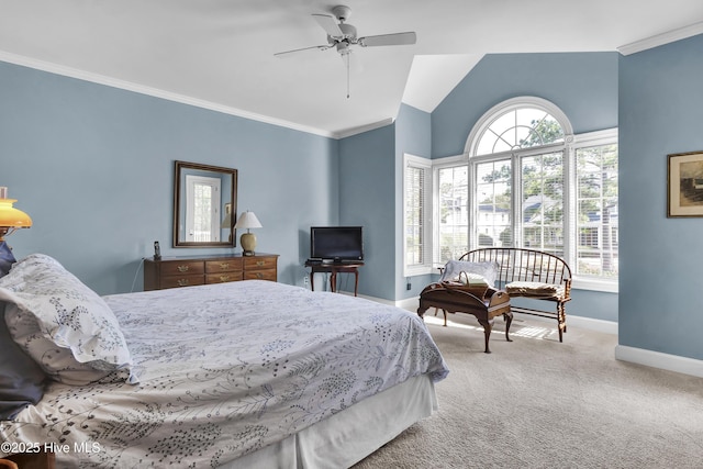 bedroom with crown molding, ceiling fan, lofted ceiling, and carpet