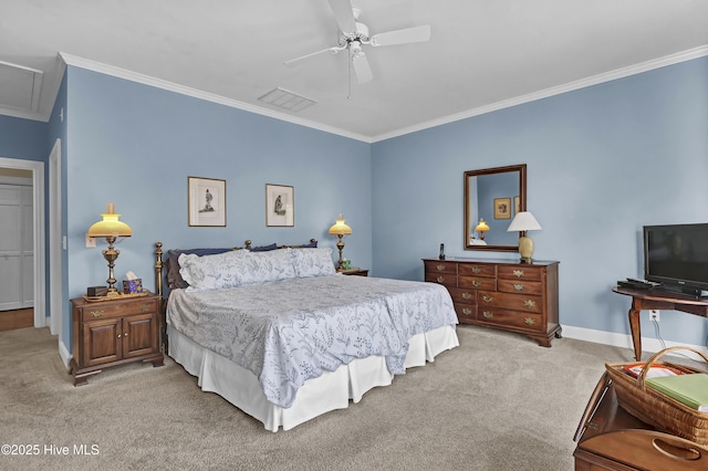 bedroom featuring crown molding, light colored carpet, and ceiling fan