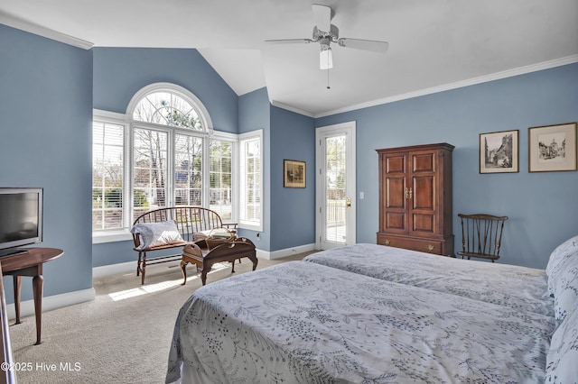 carpeted bedroom with lofted ceiling, access to outside, ornamental molding, and ceiling fan