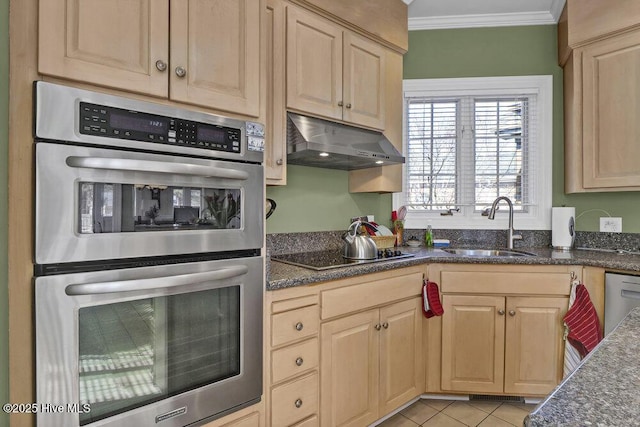 kitchen with sink, black electric cooktop, ornamental molding, dishwasher, and stainless steel double oven