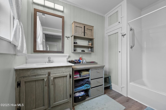 bathroom with wood-type flooring and vanity