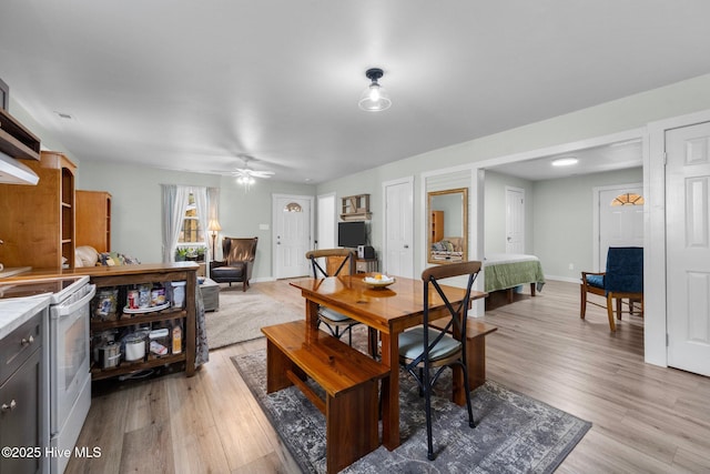 dining room featuring ceiling fan and light hardwood / wood-style flooring