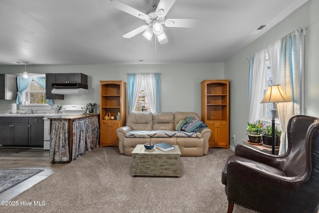 living room with ceiling fan