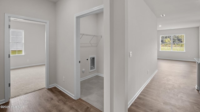 washroom with hardwood / wood-style flooring and washer hookup