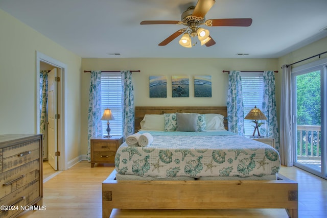 1981 New River Inlet Rd, North Topsail Beach, NC 28460 - bedroom featuring access to exterior, light wood-style floors, and ceiling fan