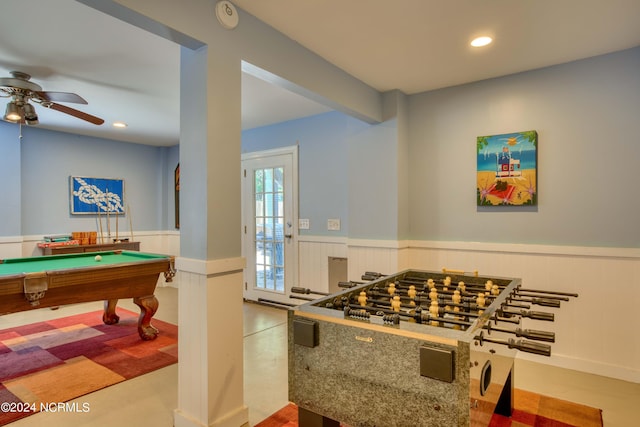 1981 New River Inlet Rd, North Topsail Beach, NC 28460 - recreation room with a wainscoted wall, ceiling fan, recessed lighting, and pool table