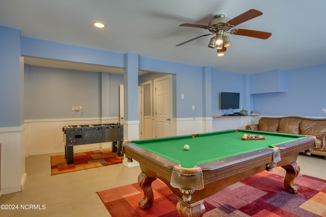 1981 New River Inlet Rd, North Topsail Beach, NC 28460 - recreation room featuring a wainscoted wall, billiards table, a ceiling fan, and recessed lighting