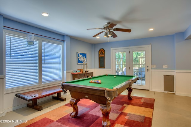 1981 New River Inlet Rd, North Topsail Beach, NC 28460 - playroom with a wainscoted wall, a ceiling fan, billiards table, and recessed lighting