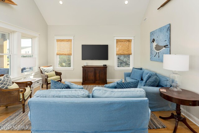 living room featuring lofted ceiling and light wood-type flooring