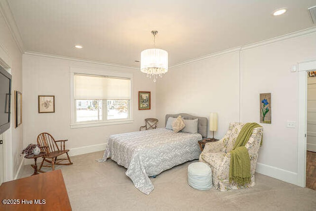 carpeted bedroom featuring ornamental molding